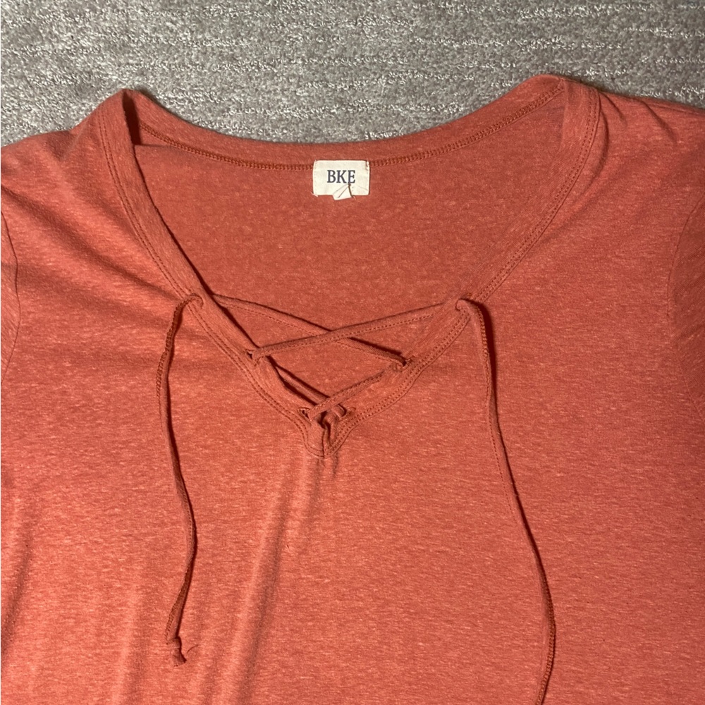 BKE Red Short Sleeve Top With Lace Up Neckline, Size XL